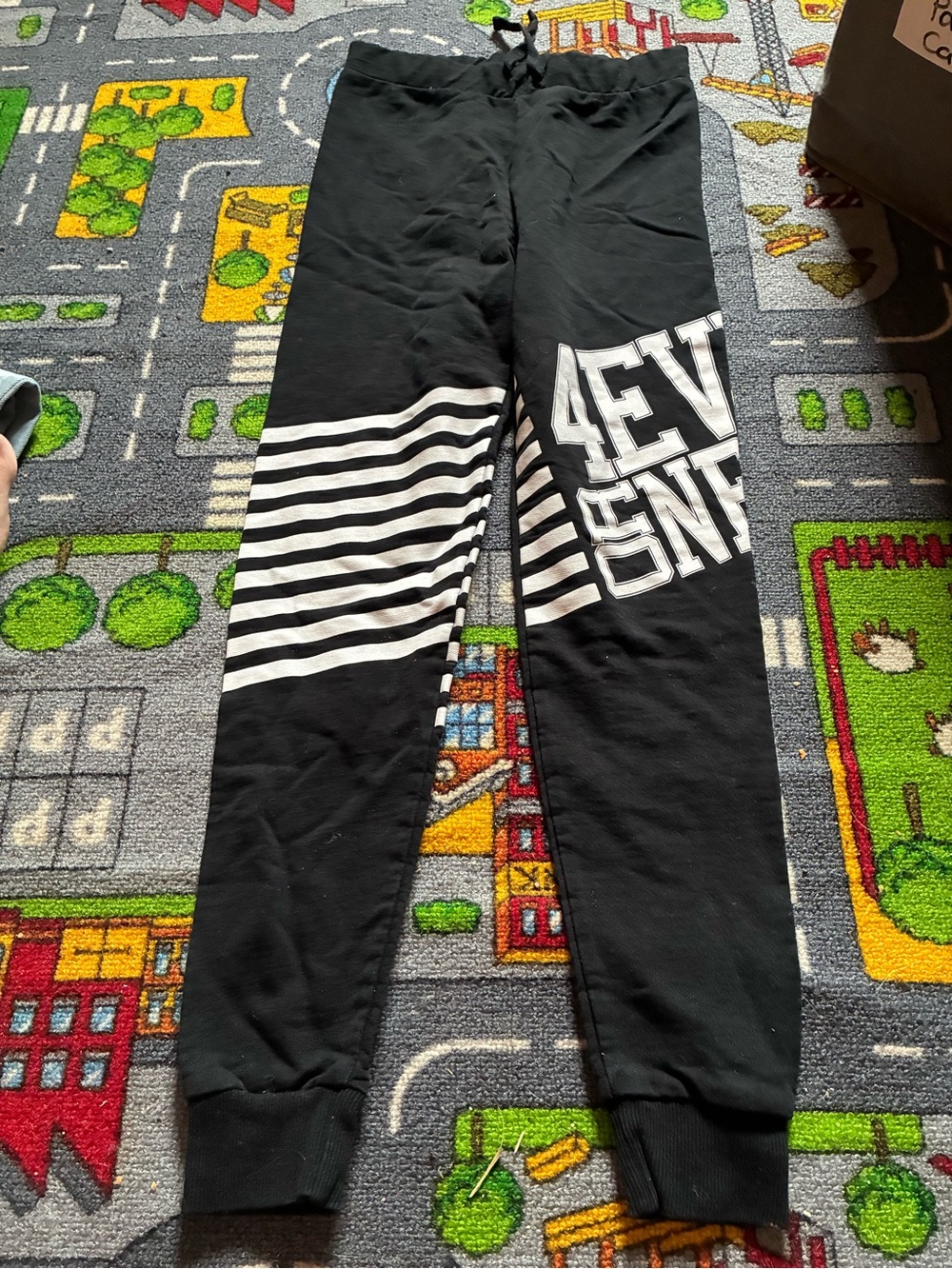 Black Graphic Kids Leggings with White Stripe and Text - Picture 2 of 2